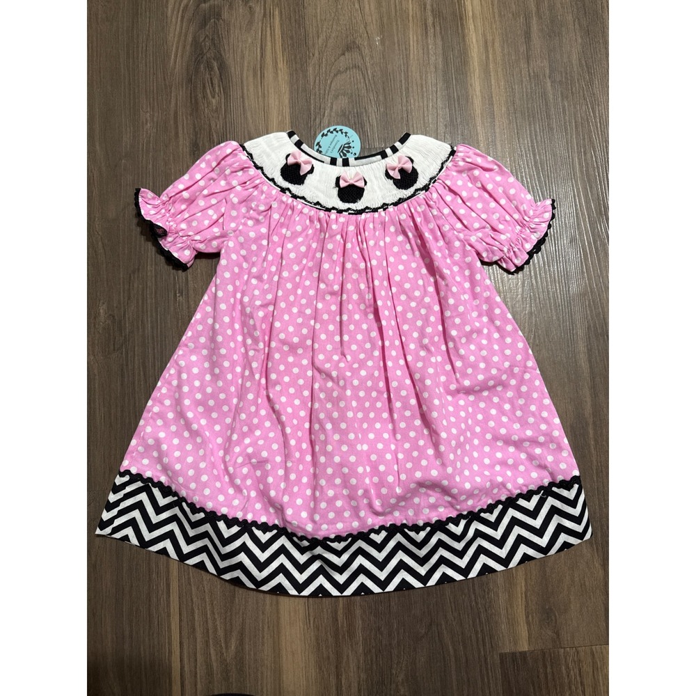 Babeeni Smocked Dress Baby Girl 6M Pink Polka Dot Chevron Mouse Embroidered